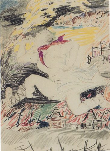 Philip Andreevich Maliavin - (1869-1940) - Peasant escaping Fire in a Village - Pencil and crayon on paper
